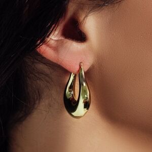 Gold Plated 925 Sterling Silver Puffed Chunky Teardrop Latch Lock Earring